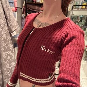Kickers Ribbed Cropped Zip Cardigan in Burgundy with Red Accent